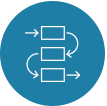 Ikon formet som en sirkel med blå bakgrunn. Viser omrisset av tre vertikale bokser med piler mellom seg som symboliserer rekrutteringsprosessen.