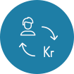 Ikon formet som en sirkel med blå bakgrunn. Viser omrisset av en person og teksten "Kr" med piler I en sirkel. Symboliserer merverdi.